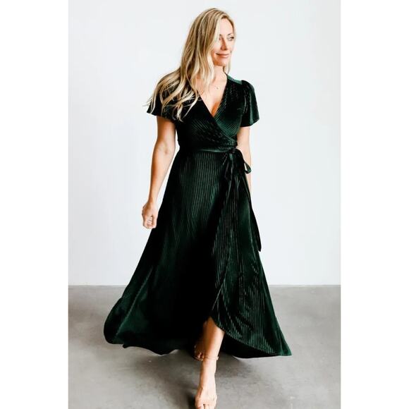 [Baltic Born] Emerald Green Andi Ribbed Velvet Belted Wrap Maxi Dress Sz Large L - Picture 1 of 12